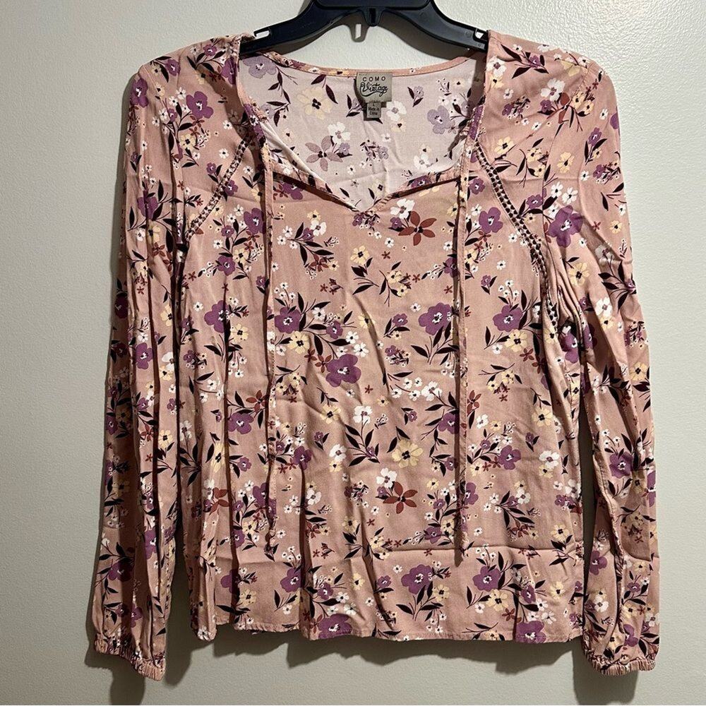 Como Vintage Pink Long Sleeve Smocked Tie Front Blouse SIze L (988)